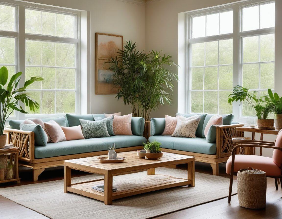 A chic living room showcasing elegant, eco-friendly furniture made from sustainable materials like bamboo and reclaimed wood. Include lush greenery with potted plants and large windows allowing natural light to flood in. Feature tasteful decor items that combine affordability and sophistication, such as a stylish coffee table and cozy cushions. Soft pastel colors dominate the space, creating a warm and inviting ambiance. super-realistic. vibrant colors. natural light.