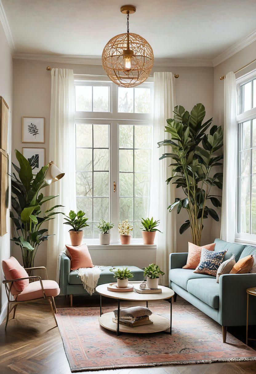 A beautifully styled living room showcasing the latest home decor trends, featuring a mix of modern and vintage furniture, vibrant indoor plants, and artistic wall art. Natural light streaming through large windows creates a warm atmosphere. Elements such as decorative throw pillows, a cozy rug, and stylish lighting fixtures add charm. A color palette of soft pastels and bold accents enhances the overall look. super-realistic. vibrant colors. bright and inviting.