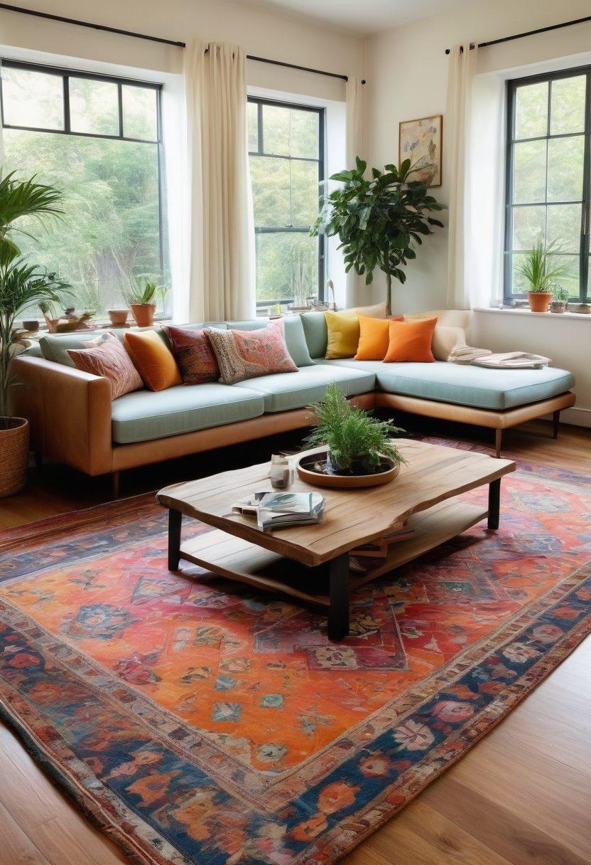 A cozy and stylish living room showcasing eco-friendly furnishings made from natural materials, with lush indoor plants and soft, warm lighting. The design features a blend of modern and vintage elements, emphasizing sustainability and comfort. Include a plush sofa, a wooden coffee table, and a colorful area rug for an inviting atmosphere. super-realistic. vibrant colors. natural lighting.
